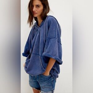 Free People Graham Poncho Hooded Sweatshirt Washed Navy Blue Size XL
